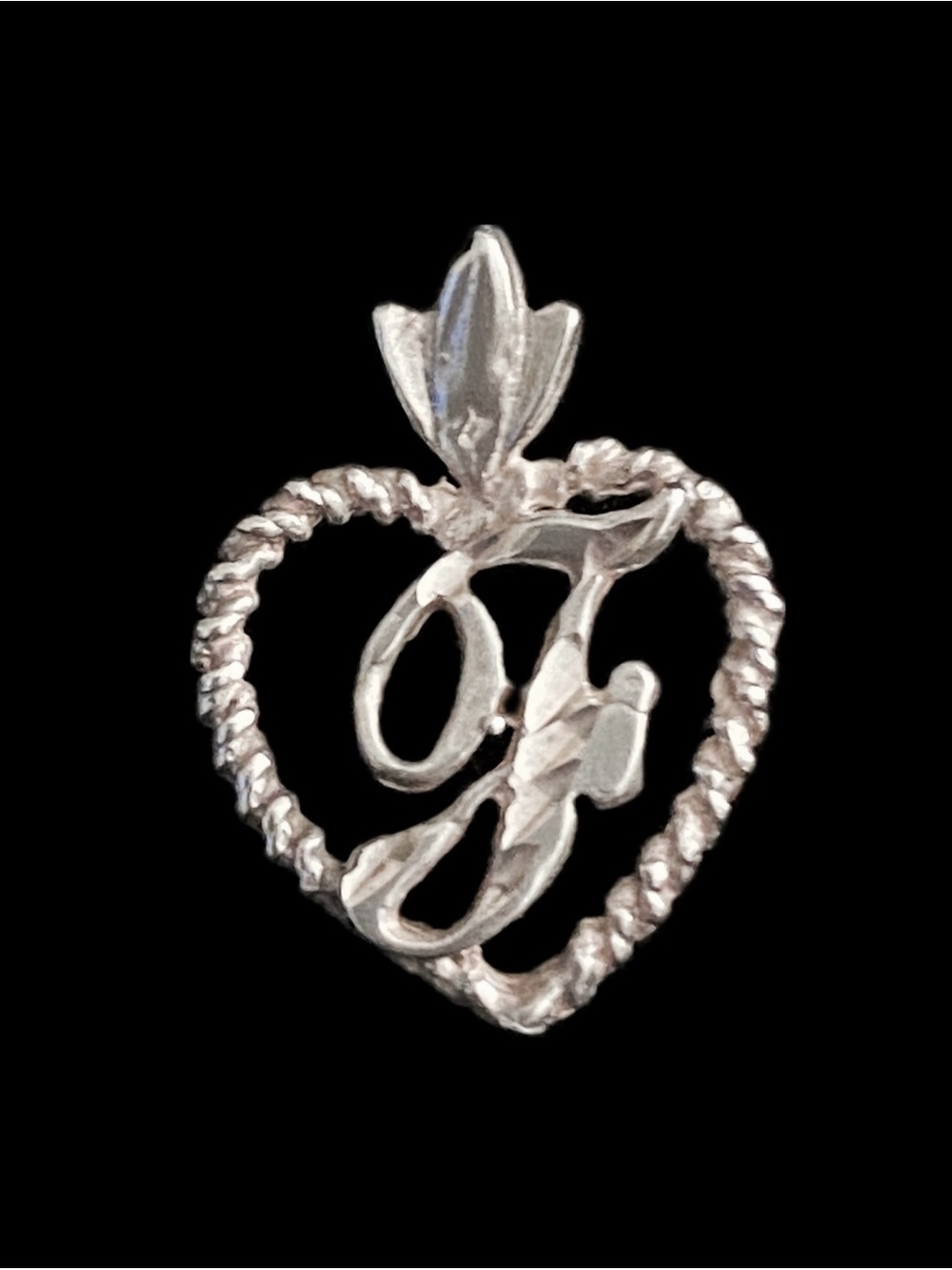 VTG 925 Sterling Silver Cursive Letter F Heart Pendant Fleur de Lis Bail NWT